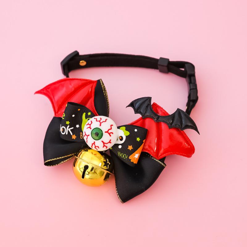 New Adjustable Bat Wings & Eyeball Bow Tie Pet Collar with Bell for Cats & Large Dogs, Scary and Funny Trick-or-Treat Halloween