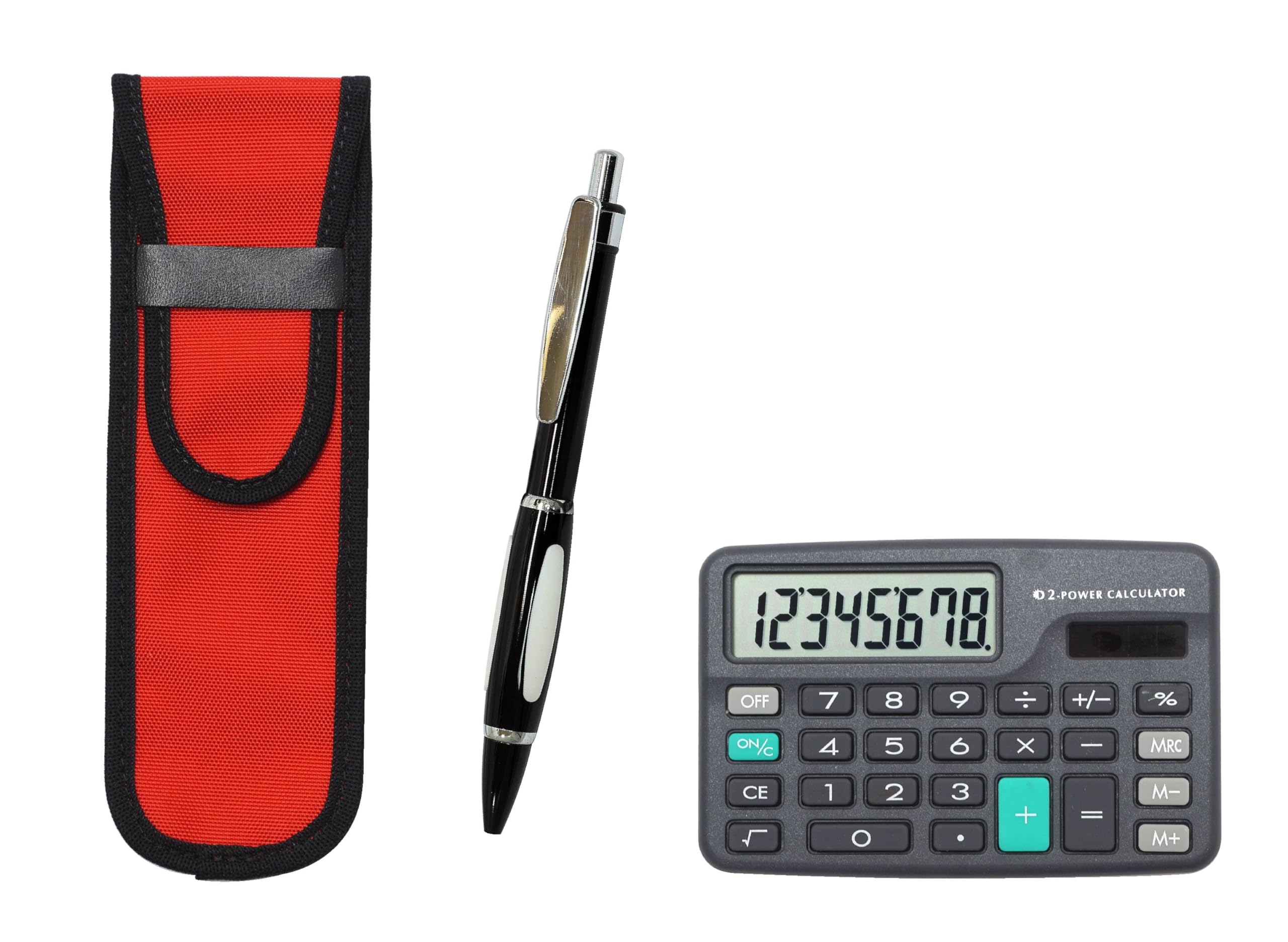 

Mini calculator with cloth pencil case and black metal Scorpion Shocking ballpoint pen set (red) (T23-D-NK02R-B989A-B) чорний