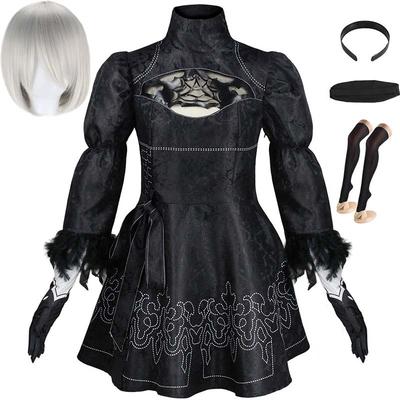 Grande Taille Costume de Cosplay Yorha 2B Justaucorps Robe Noire 2B Ensemble Complet Halloween Shojou Tenues de Magical Girl Perruque Gants Masque pour les Yeux Chaussettes