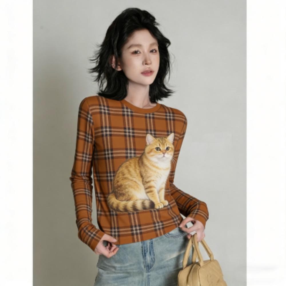 Spring Europe America Fashion Animal Cat Print Women's T-shirt Casual Pullover Women Long Sleeve Clothing Outdoor Casual Tees Top