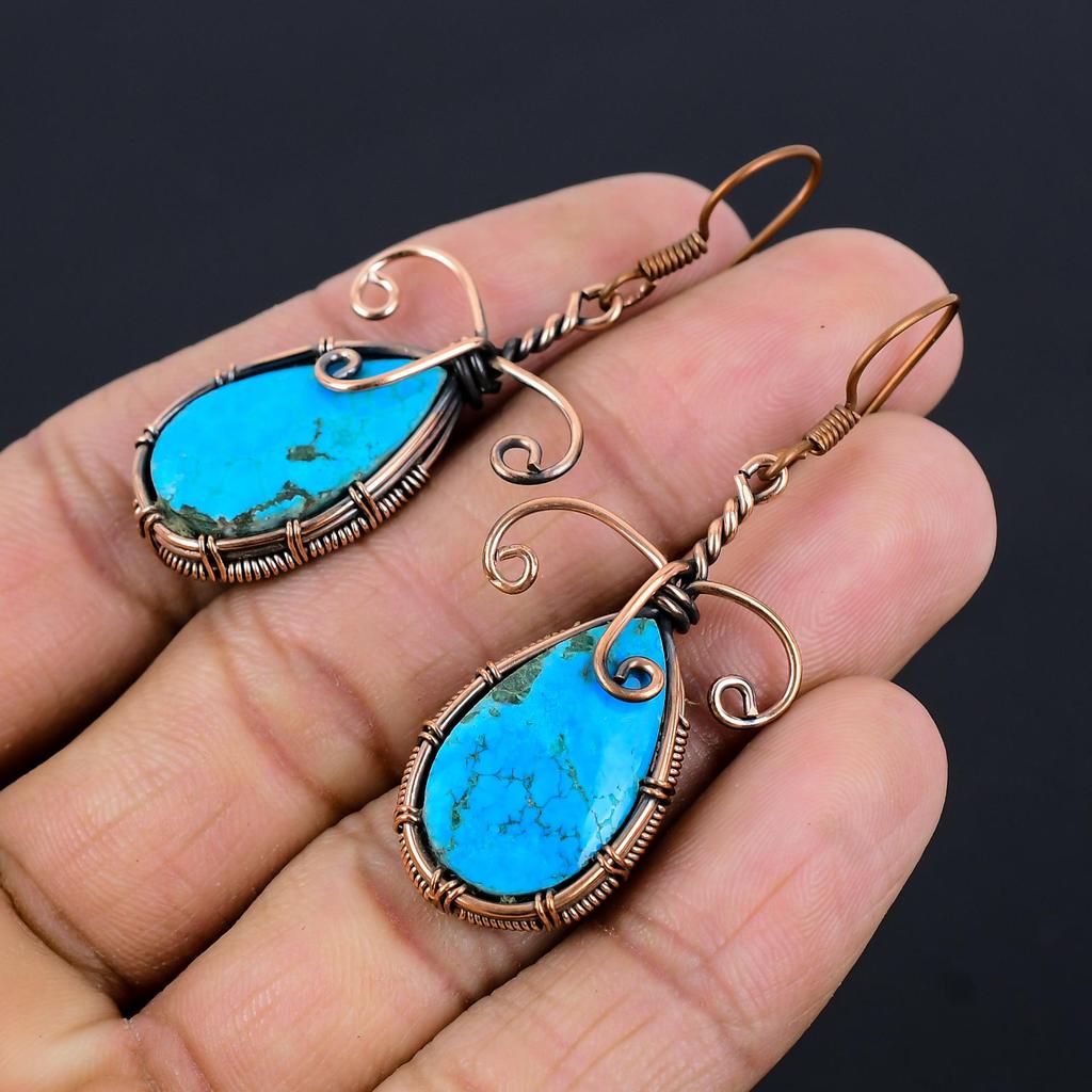 Tibetan Turquoise Earrings Gemstone Jewelry, 999 Copper Wire Wrapped Handmade Earrings, Latest Design Jewelry