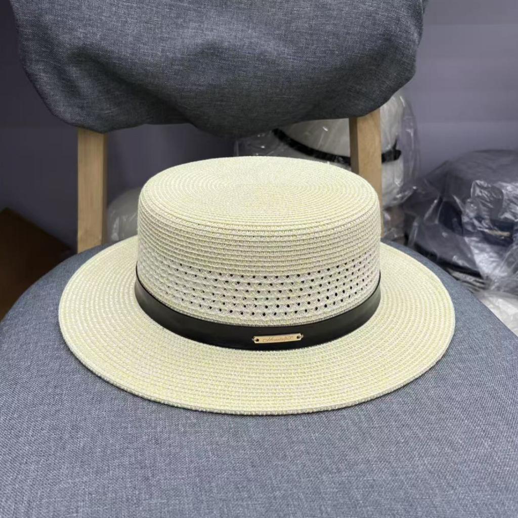 Straw summer new French hollow flat top straw hat unisex sunshade sunscreen vacation breathable top hat