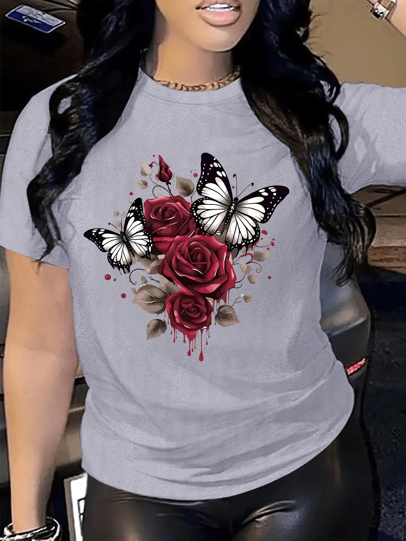 

Design Round Neck Casual Season Comfort Valentine s Day Romantic Valentine s Day Women s Floral Print Red Roses & Butterflies 4XL