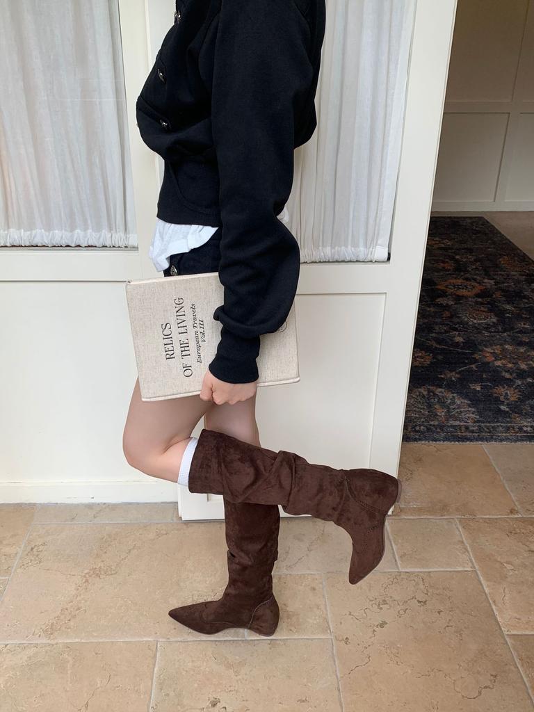 Pointed inner height increase thin boots autumn and winter suede splicing folds but knee boots women