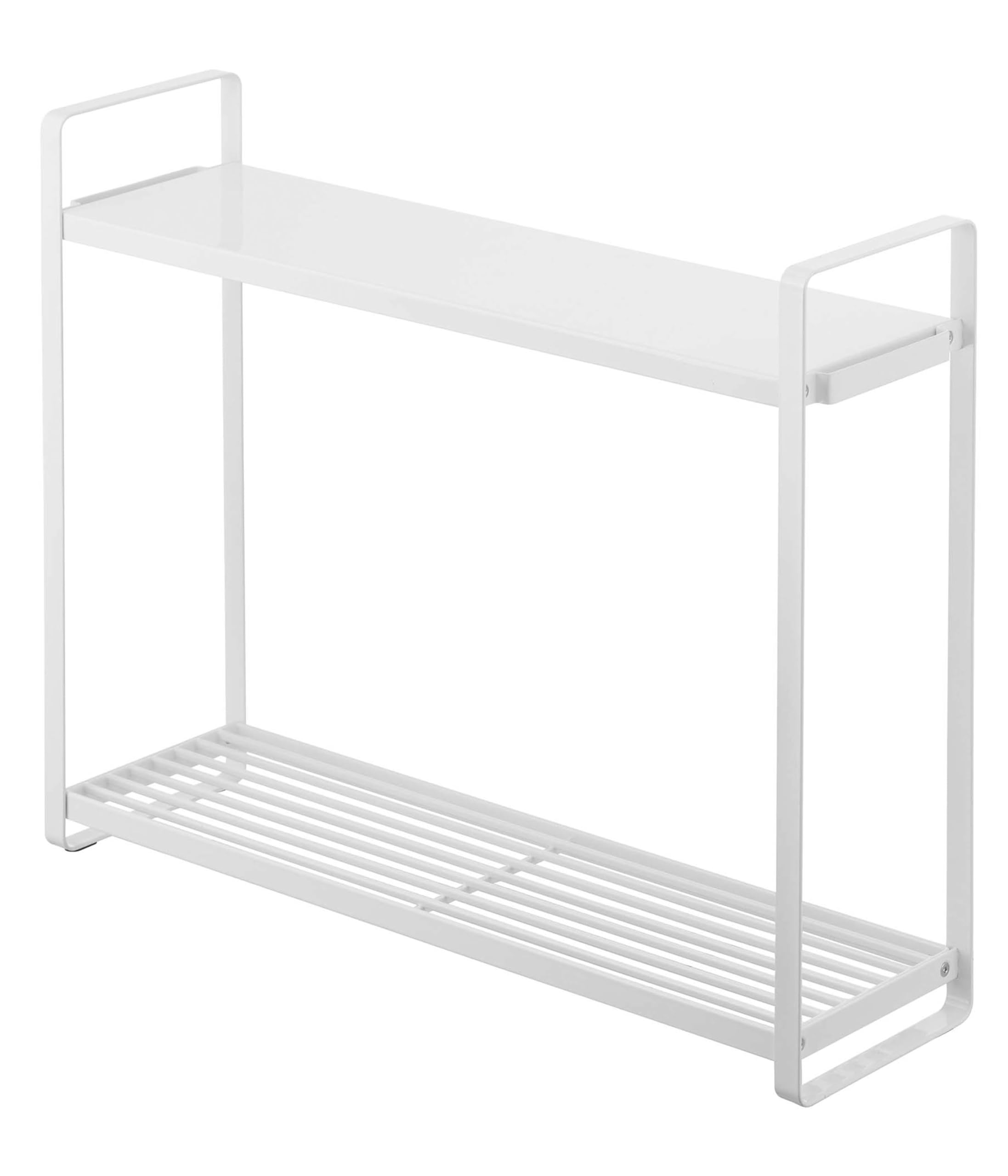 

Yamazaki Stovetop Rack, 2-Tier, White, Approx. 51cm W x 14cm D x 40cm H, Tower Storage, Condiment Rack, Can Also Hold Pots and Oil, with Hooks, 5150