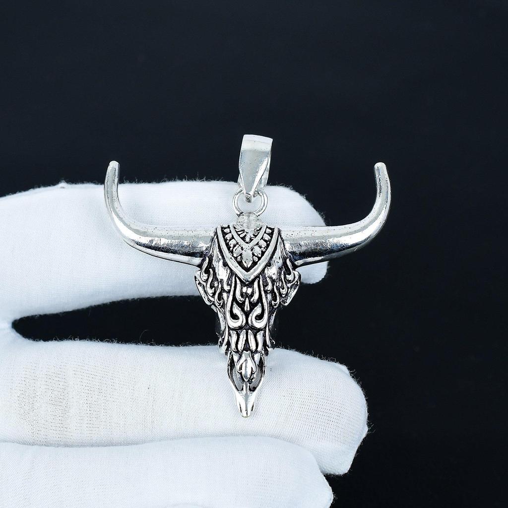 Buffalo Skull Pendant, 925 Sterling Silver Handmade Pendant, Antique Pendant, Vintage Chain Pendant Necklace, Anniversary Gift For Love