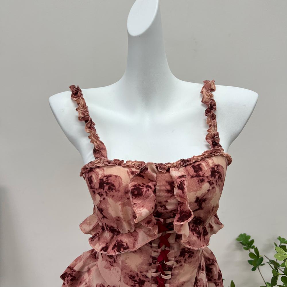 Gentle Ink and Wash Floral Lotus Leaf Edge Suspender Dress, Summer Waist and Thin Temperament Short Skirt