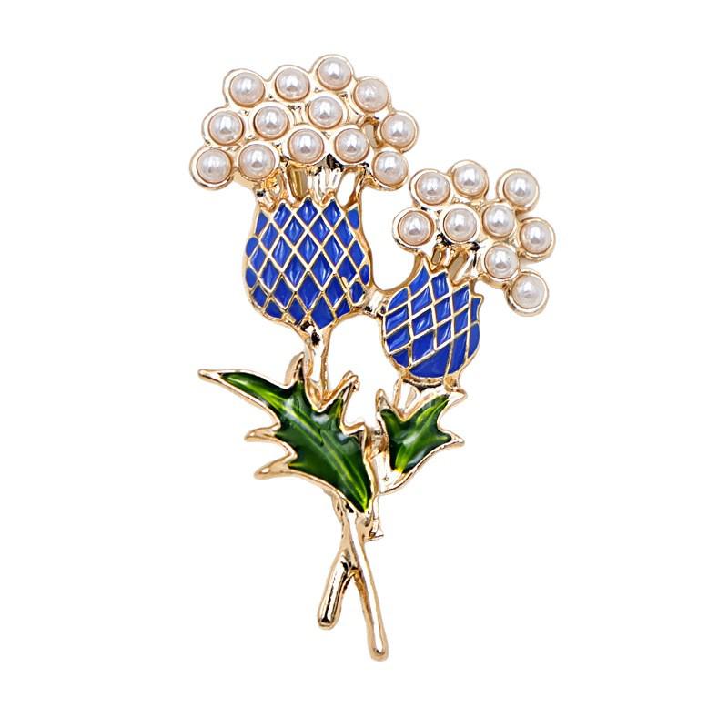 Korean Twin Flower Pearl Brooch: Blue Enamel Pin for Women's Fashion.