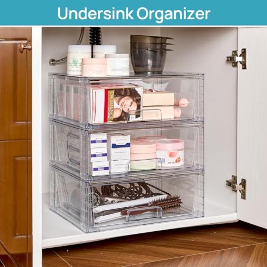2 Pack Large Stackable Storage DrawersEasily Assemble Clear Acrylic Bathroom Closet Undersink Organizers Plastic Storage Bins f