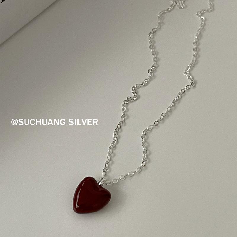 S925 Sterling Silver Retro Red Enamel Heart Necklace, Versatile Korean Design for Women. 925 Silver красный