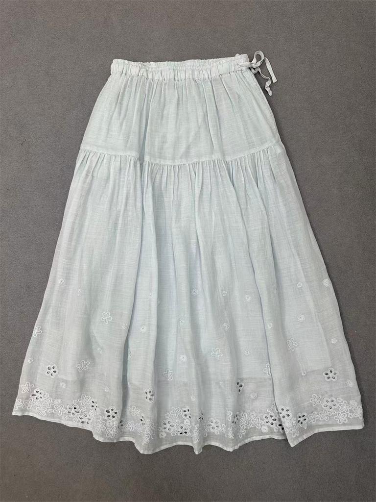 Johnature Summer French Embroidery Three-dimensional Flower Skirt Women Vintage Ramie Elastic Waist Skirts