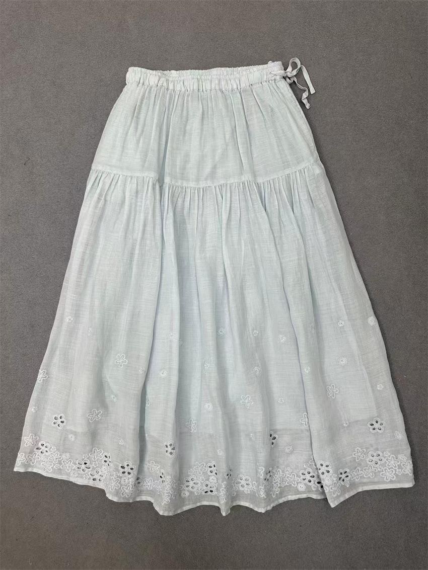 

Johnature Summer French Embroidery Three-dimensional Flower Skirt Women Vintage Ramie Elastic Waist Skirts One Size