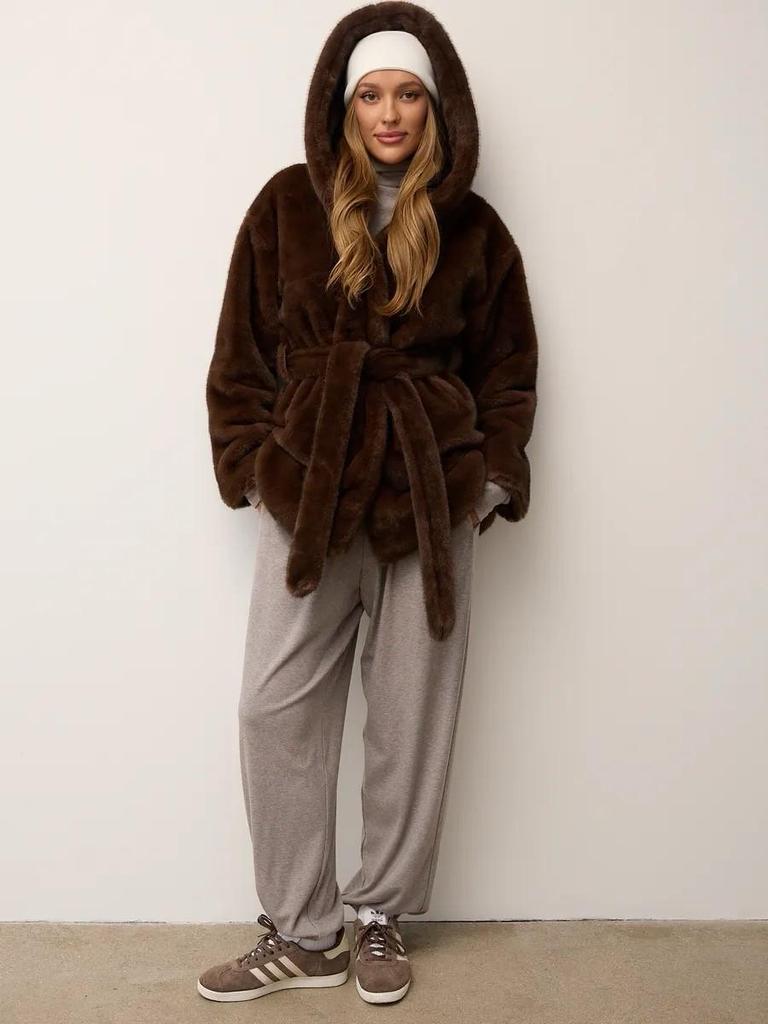 Women's Mid-Length Hooded Eco-Friendly Faux Mink Fur Coat with Belt