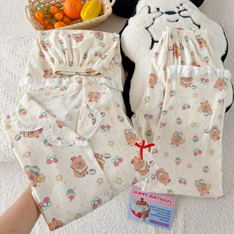 

Милый Звездный Ветер Высокая Ценность Имитация Хлопка Отделка Пижама Женский Летний Комплект из Трех Предметов 2XL [Recommended 130-72.5kg]