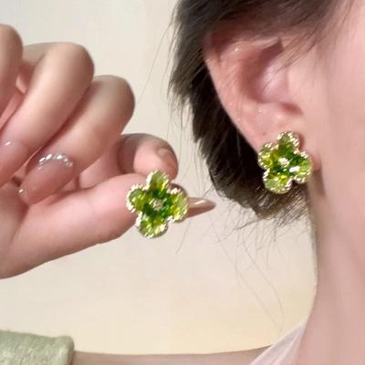 Charming Spring: Emerald Crystal Flower Stud Earrings - Light Luxury, Niche Design for Women