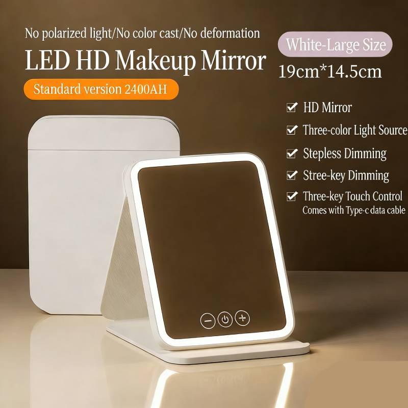 

3 Colors Dimmable Led Makeup Mirror With Touch Screen Fold Cosmetic Makeup Mirror Rechargeable Tabletop For Travel белый