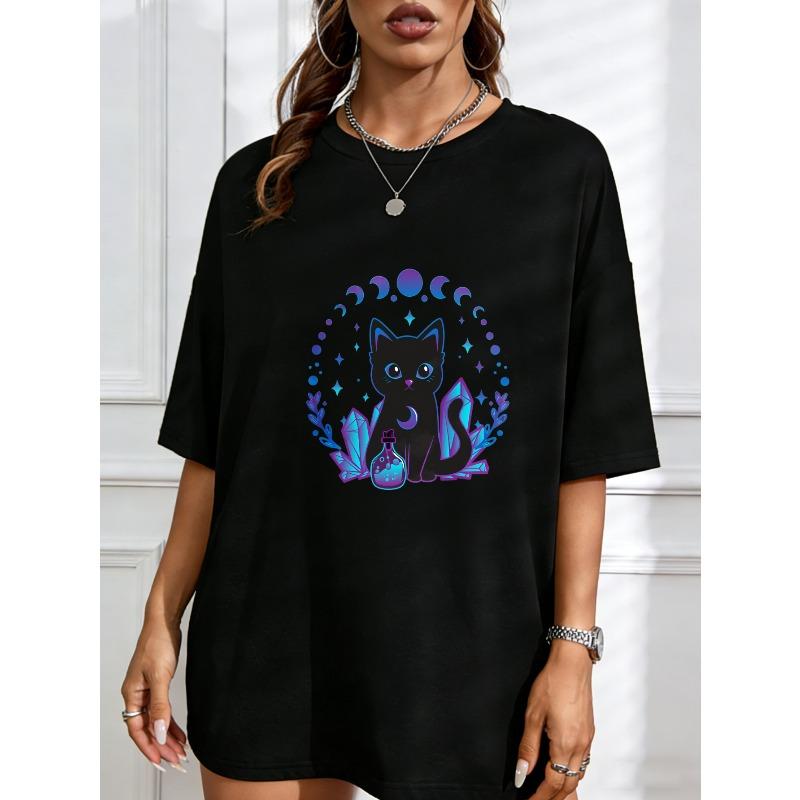 Women Casual Short Sleeve T Shirt White Black Cat With Moon Phases And Crystals Print For Daily Wear And Magic Theme Outfits