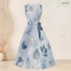 Women Plus Size Two Piece Set Round Neck Sleeveless Tie Waist Flared Dress 3 4 Sleeve Printed Cardigan