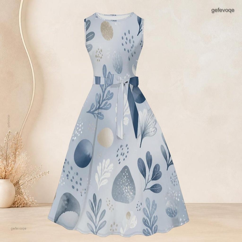 Women Plus Size Two Piece Set Round Neck Sleeveless Tie Waist Flared Dress 3 4 Sleeve Printed Cardigan