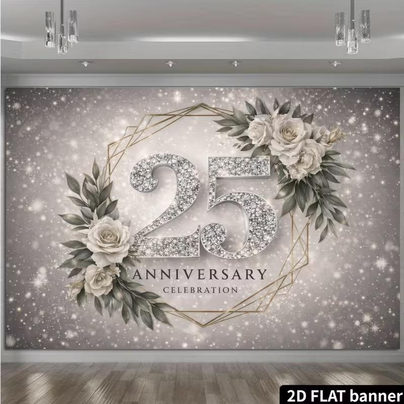 2D 25th Anniversary Backdrop for Silver Wedding Parties, Family Celebrations & Formal Events