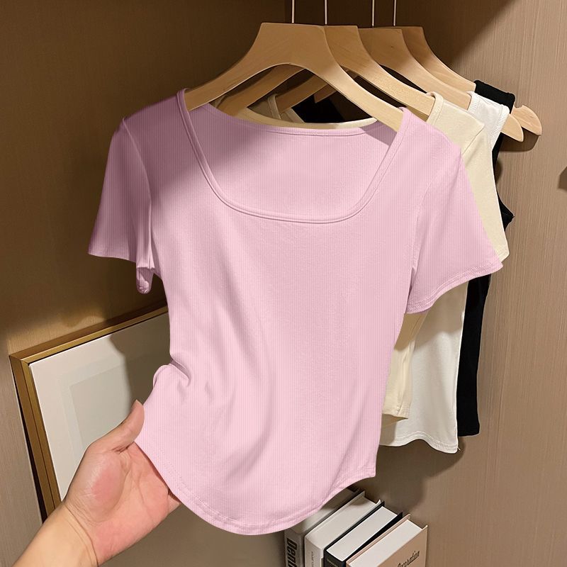 Top da donna a maniche corte con scollo quadrato, vestibilità regular, T-shirt casual a coste, tinta unita
