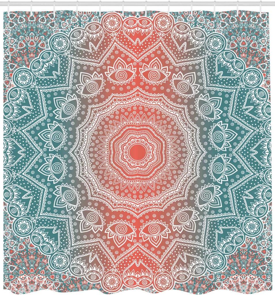 Coral and Blue-Brown Shower Curtain Tribal Mandala Geometric Gradient Fabric Bathroom Decorative Shower Curtain with Hooks