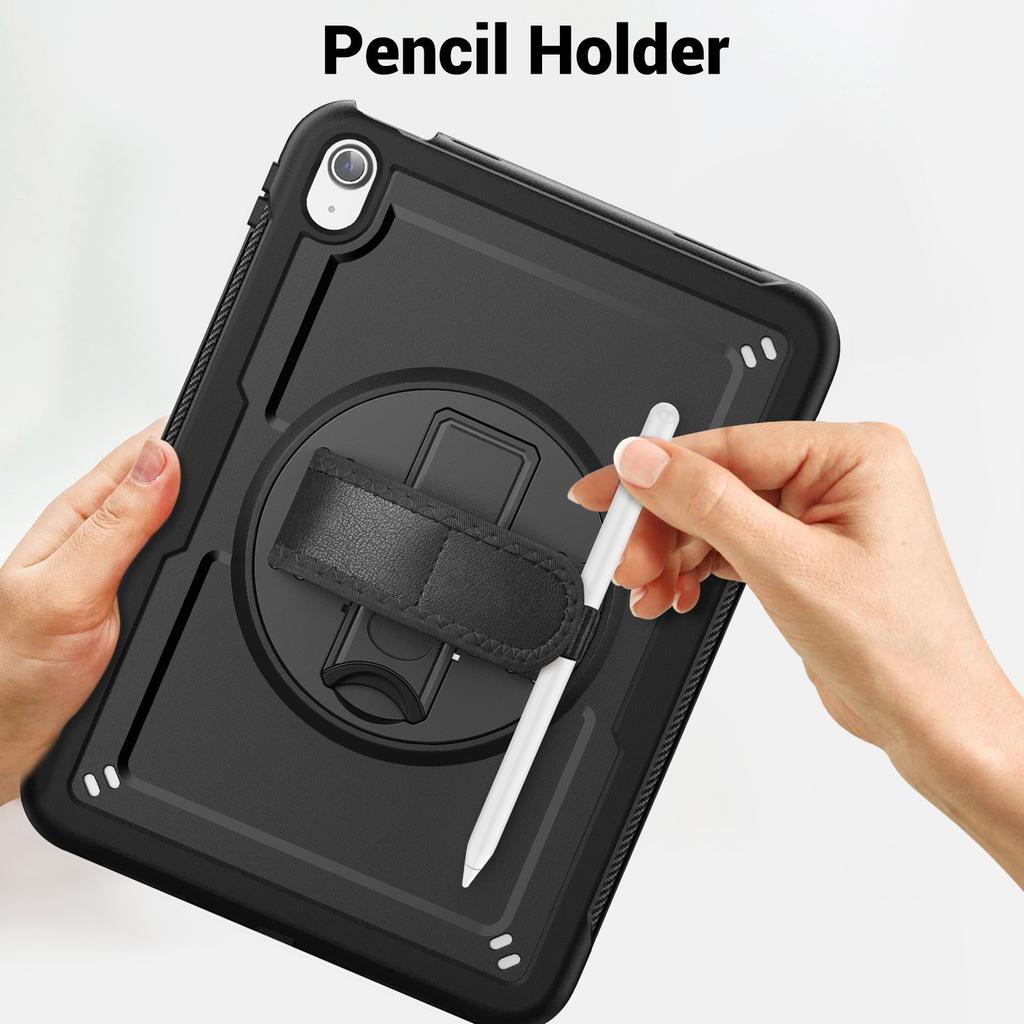 For iPad (2025)/10.9 (2022) Case Rotating Kickstand PC + TPE Shockproof Tablet Cover with Hand Strap