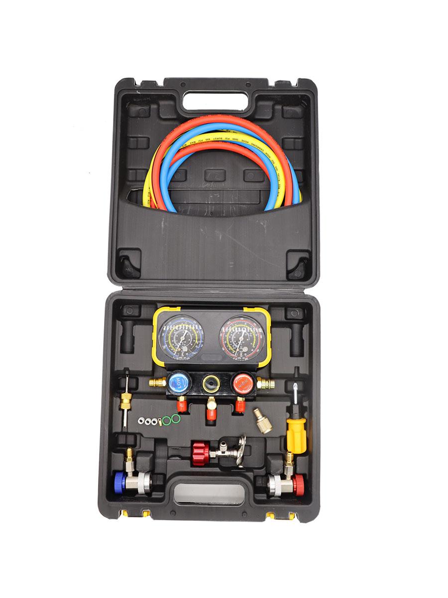 

Комплект инструментов для заправки хладагента R134a MAC, включая профессиональное оборудование с двумя манометрами чёрный