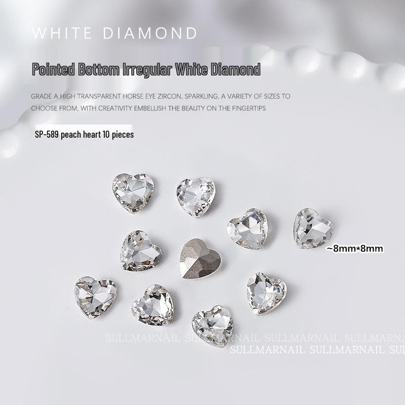 Nail Art Rhinestones Set: Heart, Crooked Heart, White Diamond, Peach Heart, Square, and Transparent Shapes (10 Pieces)