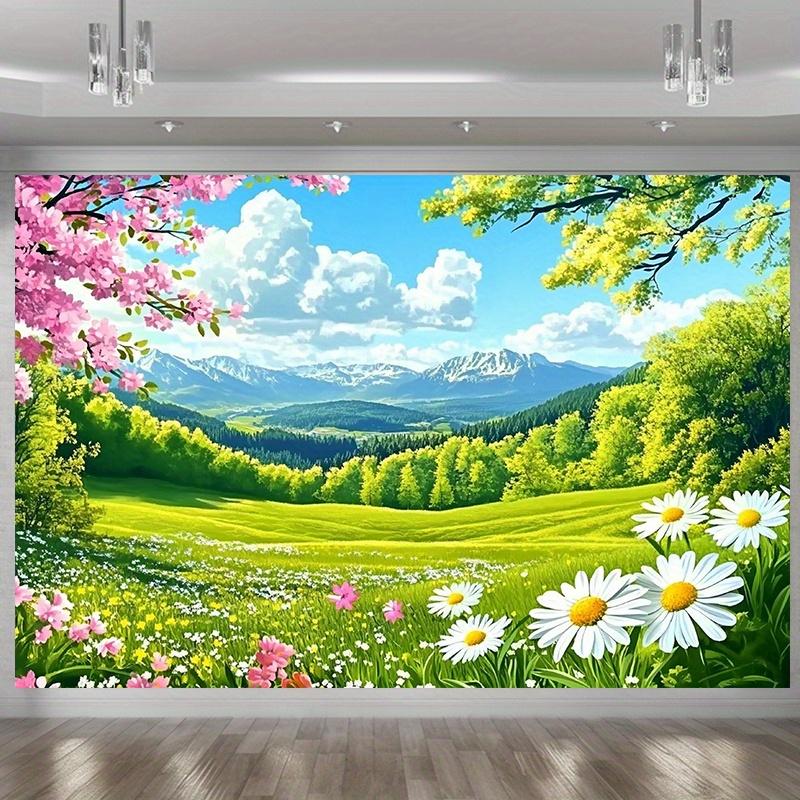1pc Spring Flower Party Polyester Banner - Vibrant cherry blossoms, daisies and mountains, for home, room and party decoration