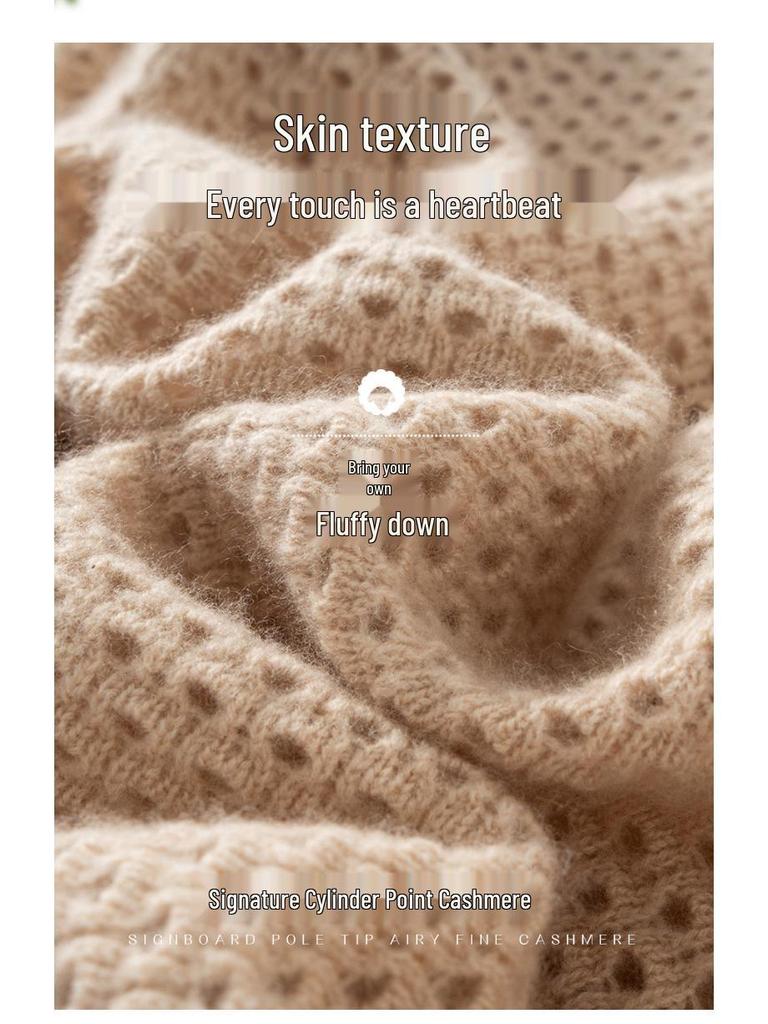 Solid Color Cashmere Hollowed-Out Retro Round Neck Long Sleeve Sweater - Autumn Winter Versatile Loose Knitwear