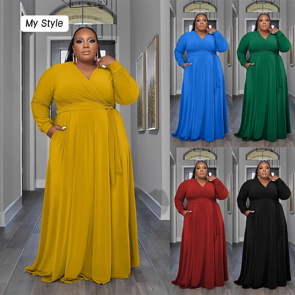 

Плюс размер женское весенне-осеннее модное платье с длинными рукавами и v-образным вырезом женское цельное однотонное свободное платье с карманом