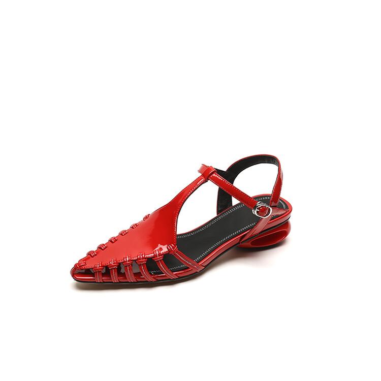 

Модные НОВЫЕ Летние Женские Сандалии Лакированная Кожа Обувь для Женщин Плетеные Полые Римские Сандалии Острый Носок Массивный Каблук Золотые Дизайнерские Сандалии 40 красный