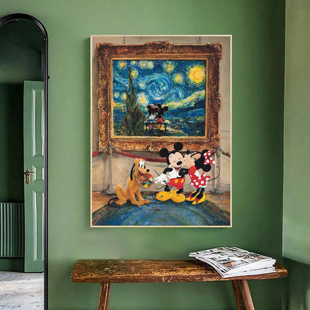 Disney Myszka Miki i Myszka Minnie Całują się pod Gwieździstą Nocą Dekoracja Ścienna Plakaty i Grafiki Obraz Olejny na Płótnie do Salonu Prezenty Bez Ramki