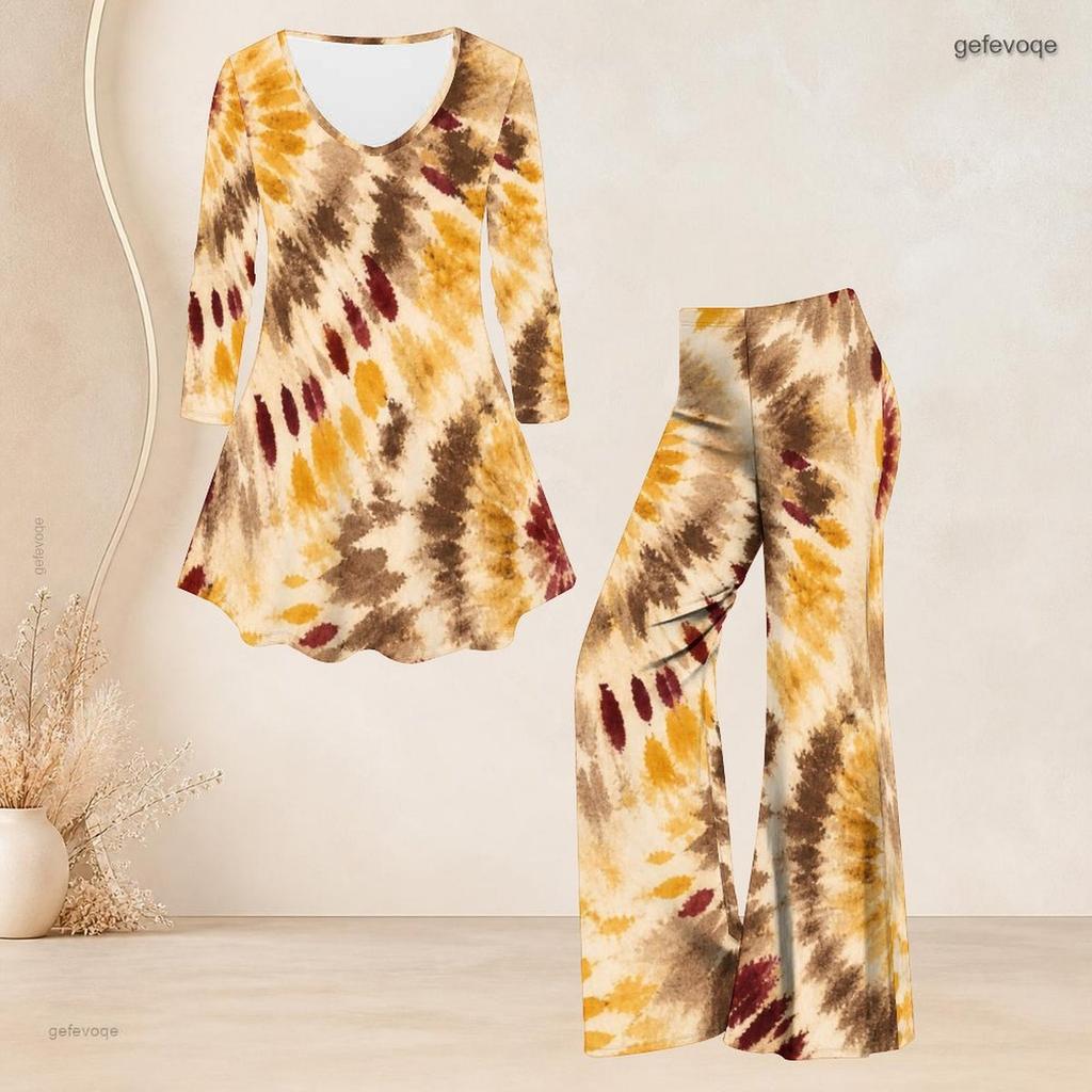Women Plus Size Printed Round Neck Three Quarter Sleeve Flared Top And Flared Pants Two Piece Set