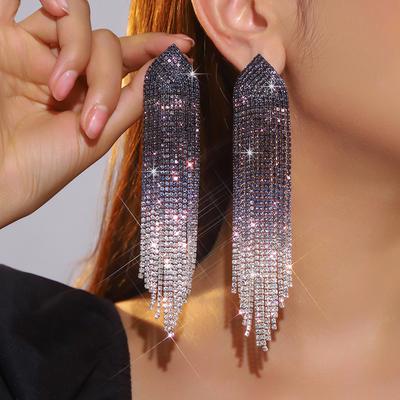 Popular Jewelry Luxury Shiny Rhinestone Long Fringed Earrings