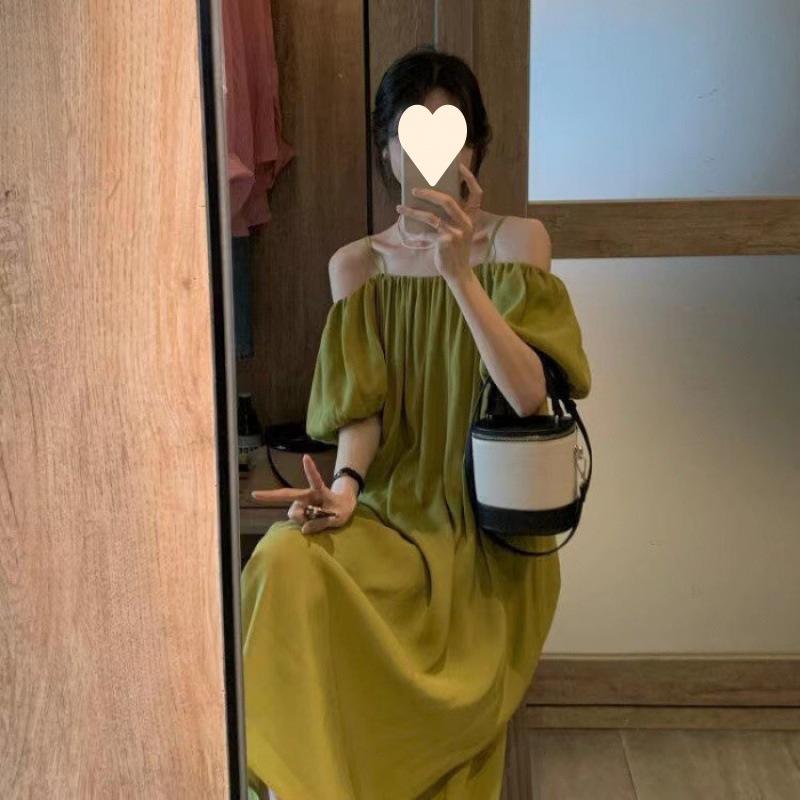 Новое платье с открытыми плечами, высококачественное, летнее, свободное, на бретельках, однотонное, с открытыми плечами, короткорукавное, зеленое, длинное, женское M