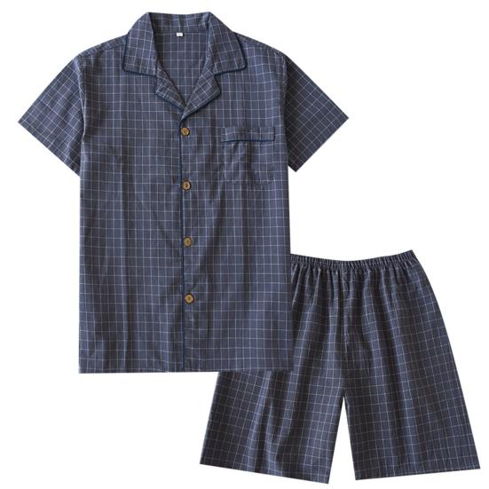 1 Set Pajama Set Soft Short Sleeve Casual Thin Comfortable Sleeping Wear Cotton Grid Print Men Homewear Daily Clothing