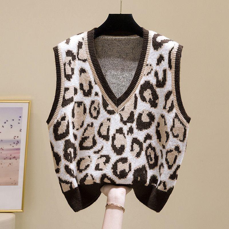 Dámská pletená vesta s výstřihem do V se vzorem leopardí srsti Jarní a podzimní vesta Korejský pulovr Svetrová vesta