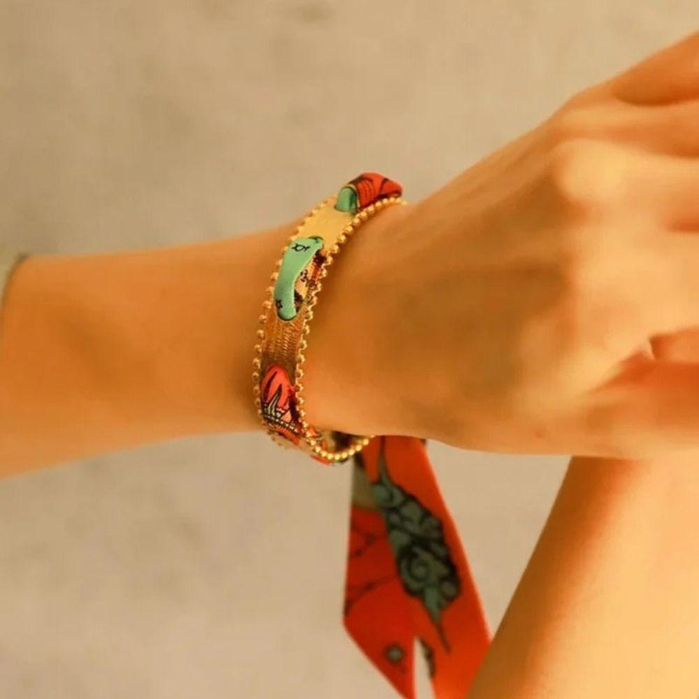 Metal Cuff Bangles with Ribbon Minority Design Exaggerated Bracelet Wide Open Bangle  Women