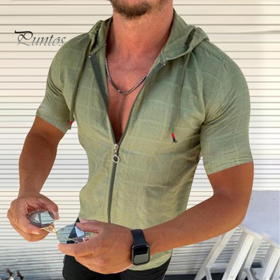 Herren Kapuzen T-Shirt Kurzarm Kariert Zip Up Tee Shirt Lässig Dünn Sommer Top für Sport Freizeit Outdoor Strand