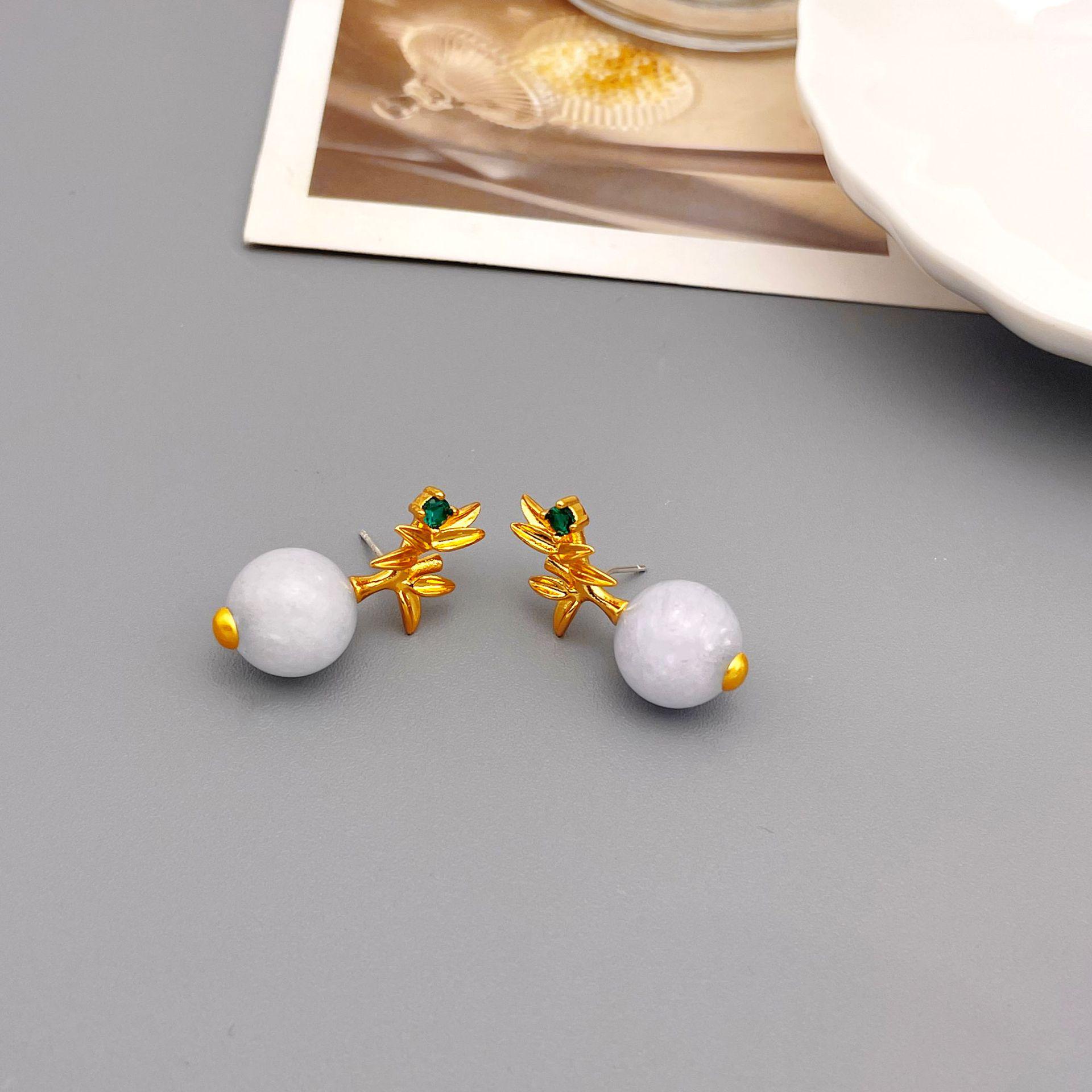 

18k Gold Plated Bamboo Leaf & Hetian Jade Earrings in 925 Silver