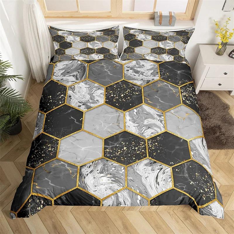 Marble Duvet Cover Set Microfiber Geometric Hexagone Quilt Cover Honeycomb Bedding Set Single King Queen For Kids Teens Adults