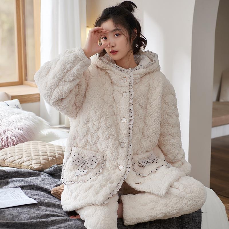 Coral Velvet Quilted Pajamas Women's Winter Three Layer Thick and Fleece Home Wear Women's Winter Flannel Thermal Set