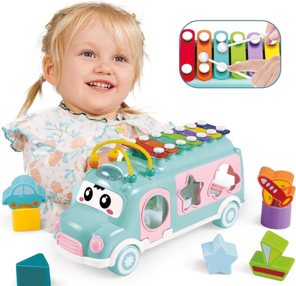 Baby Musical Instruments Toys Animal Bus with Piano Keyboard Xylophone Drum Color Learning Montessori Toys for Toddler Boys Girl