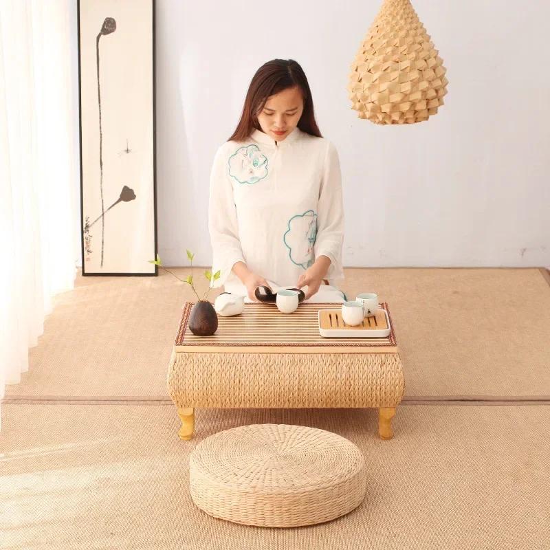 Japanese Rattan Side Table – Square Storage Bedside Table, Small Coffee Table for Balcony, Living Room & Salon Tea Use