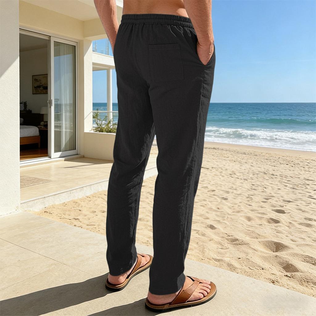 Men Linen Loose Fit Breathable Wide Leg Pants Casual Straight Leg Long Trousers with Elastic Waist Drawstring for Daily Wear