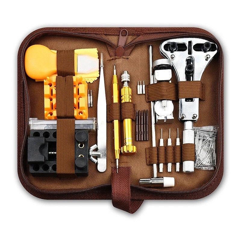 Watch Repair & Maintenance Tool Set with Disassembly Tools, Battery Replacement, and Cloth Bag.