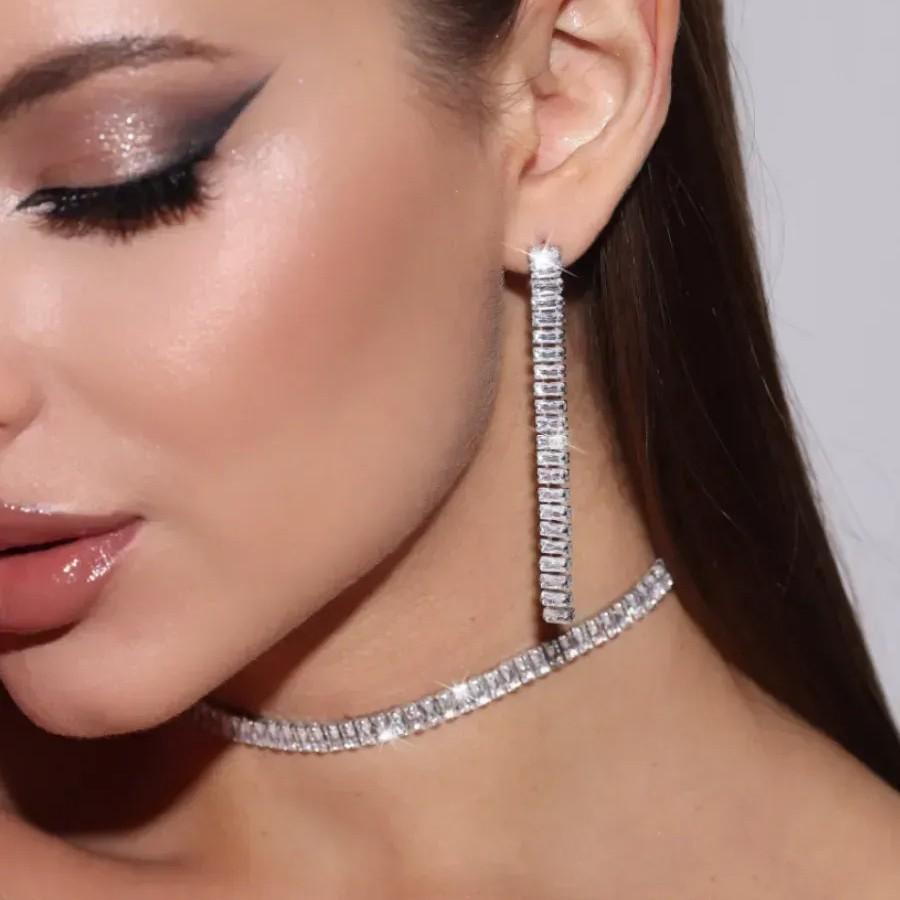 New European And American Light Luxury Full Diamond Zircon Geometric Necklace Earrings Set Fashionable Bridal Jewelry Set