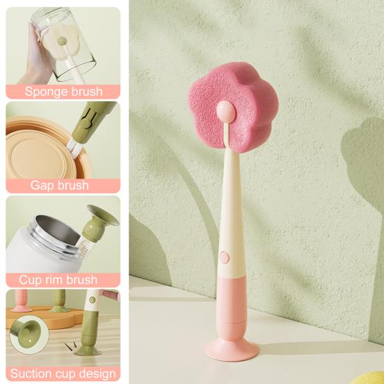 Cleaning Brush with Suction Cup Base Removable Flower Sponge Head Three-in-One Functions Multi-functional Cleaning Brush
